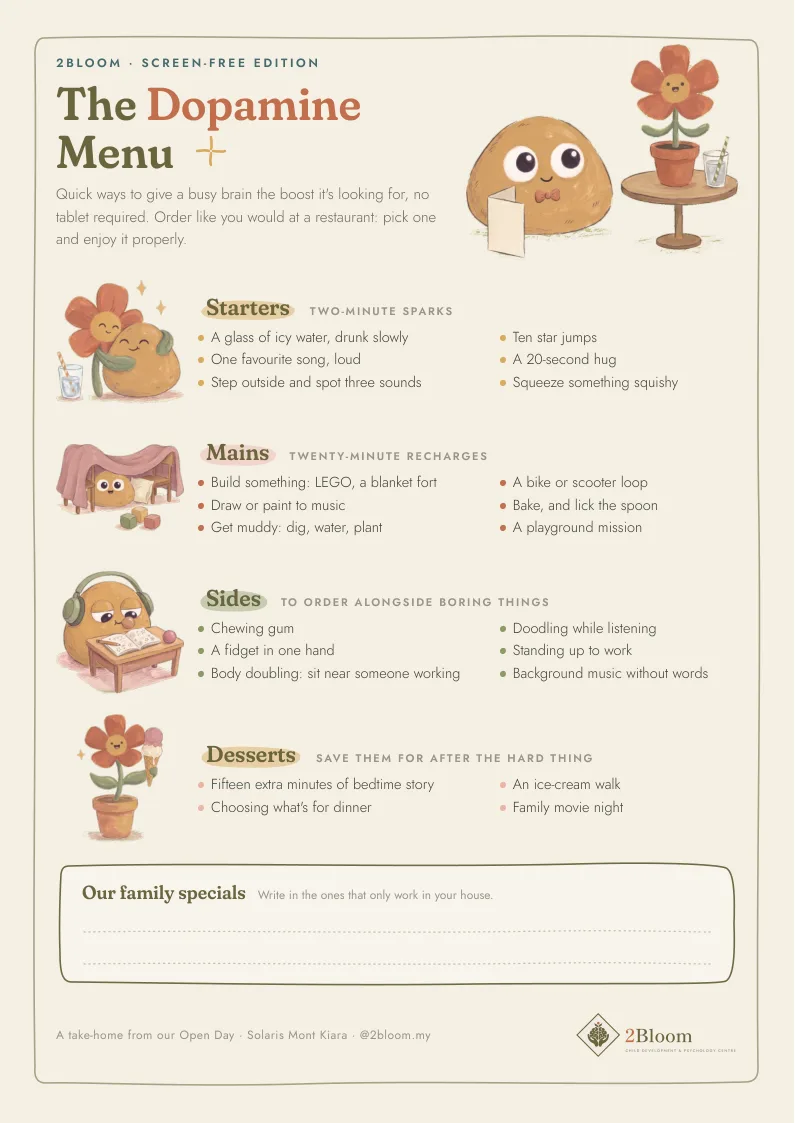 The 2Bloom Dopamine Menu — screen-free starters, mains, sides and desserts